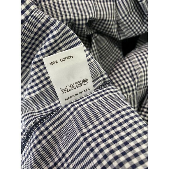 Pixie Market Blouse Sz M Blue Gingham Striped Collared Long Sleeve Ruched Peplum - Picture 7 of 7